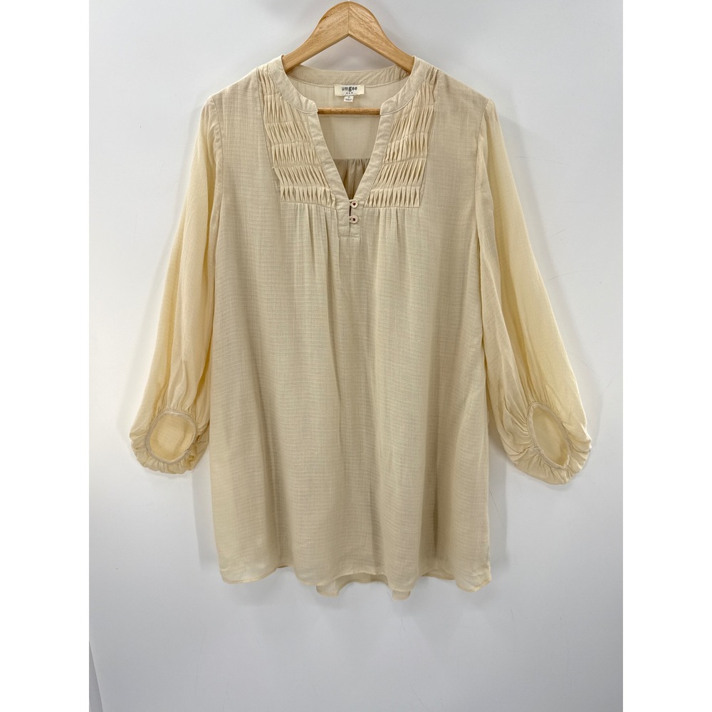 Umgee USA Tunic S Ivory Pintuck Peasant Blouse Boho Balloon Sleeve Cotton Flowy